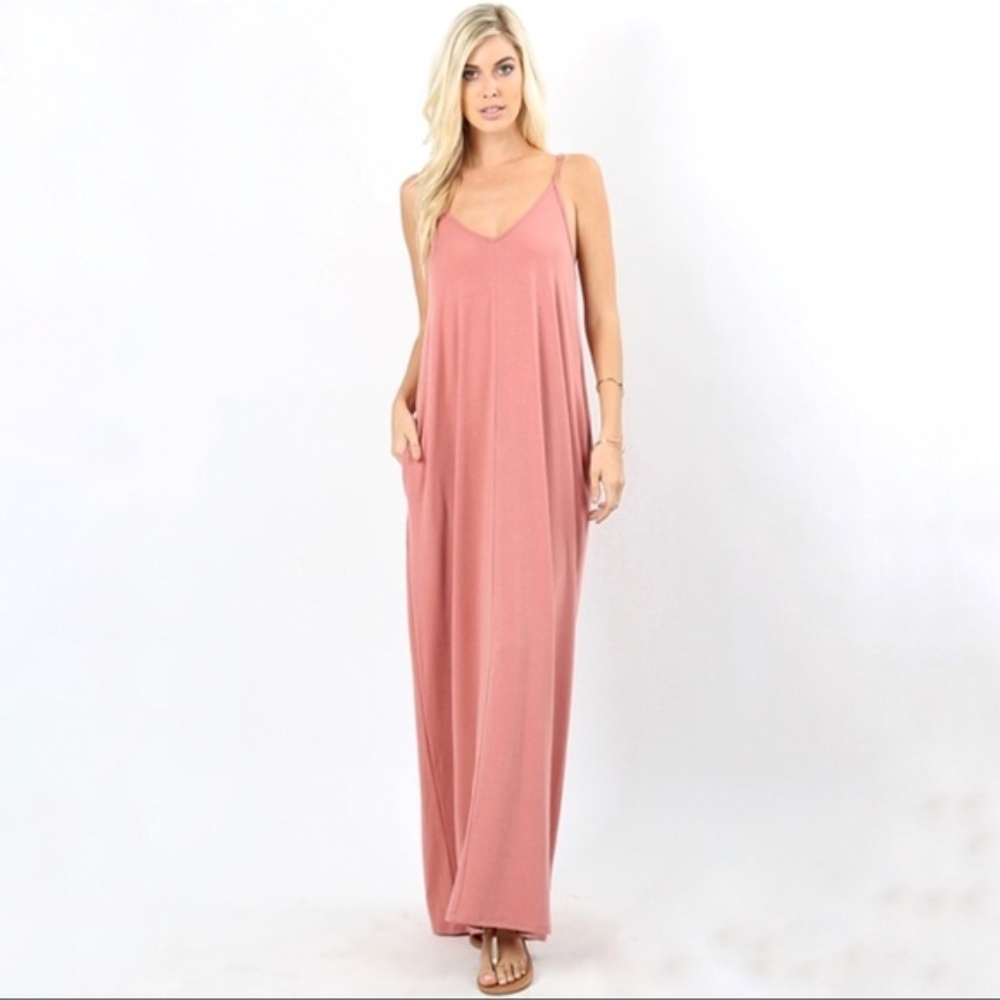 Dusty Rose pink spaghetti strap maxi dress with pockets Large L - Picture 2 of 7